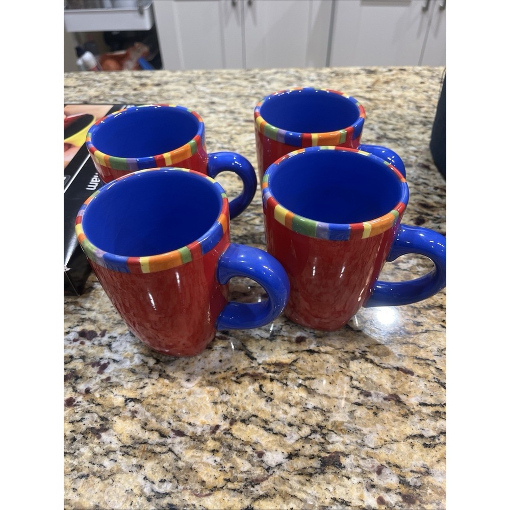 Dansk Caribe Antigua Stripe Sugar Bowl & Creamer And 4 Coffee Mugs Hand Painted